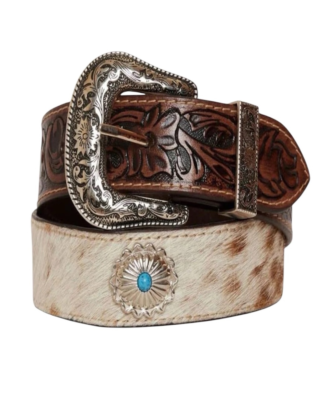 Brown Leather Western Belt Tooled Leather Hide Details Concho Details